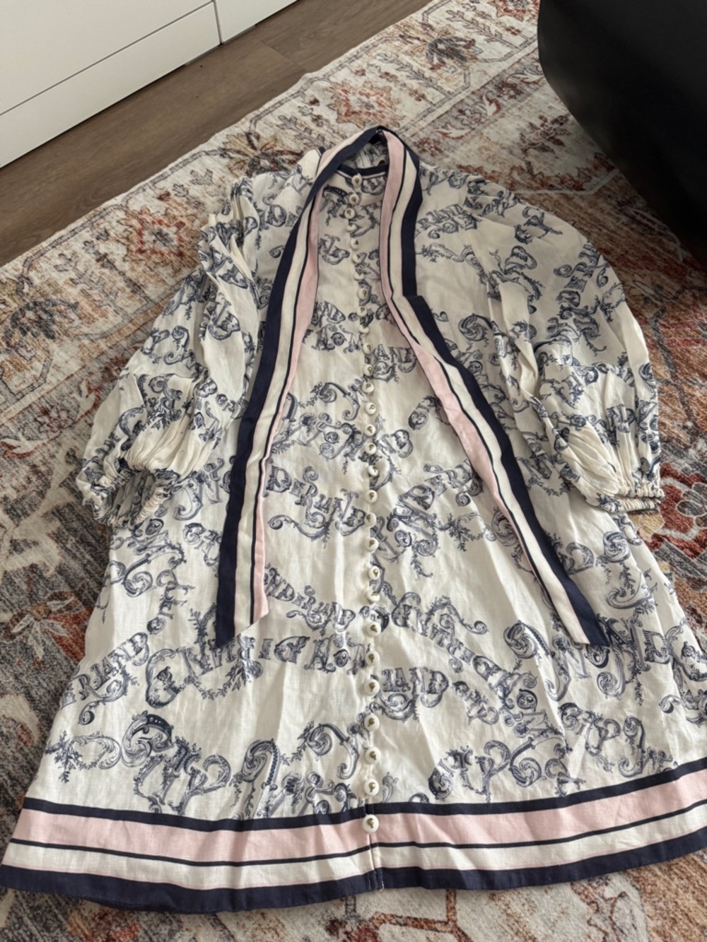 Zimmermann Cream Mini Dress with Navy Scroll Print and Striped Tie-Neck - Picture 4 of 11
